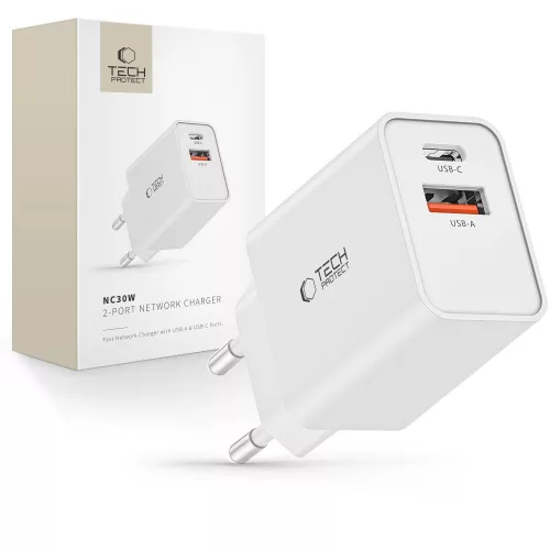 Tech-Protect NC30W USB-C PD 30W / USB-A QC 3.0 hálózati töltő, fehér