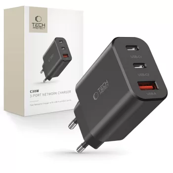   Tech-Protect NC30W hálózati töltő 2x USB-C PD 30W / USB-A QC 3.0, fekete