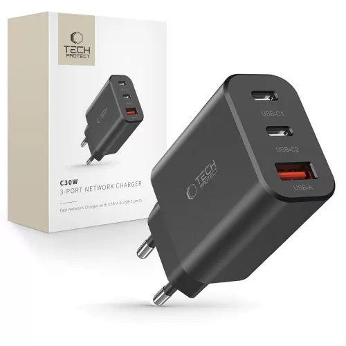 Tech-Protect NC30W hálózati töltő 2x USB-C PD 30W / USB-A QC 3.0, fekete