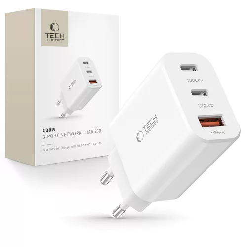 Tech-Protect NC30W hálózati töltő 2x USB-C PD 30W / USB-A QC 3.0, fehér