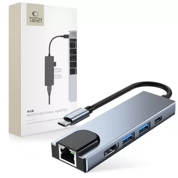   Tech-Protect V3 5in1 USB-C USB-A 3.0 / USB-A 2.0 / USB-C / HDMI / RJ45, USB-HUB, szürke