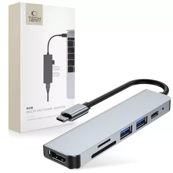   Tech-Protect V4 6in1 USB-C USB-A 3.0 / USB-A 2.0 / USB-C / HDMI / micro SD / TF / SD card reader, USB-HUB, szürke