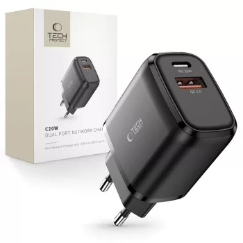   Tech-Protect C20W USB-C PD 20W / USB-A QC 3.0 hálózati töltő, fekete