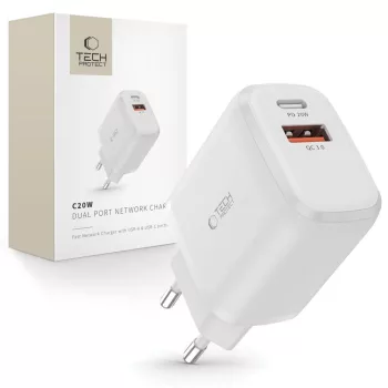   Tech-Protect C20W USB-C PD 20W / USB-A QC 3.0 hálózati töltő, fehér