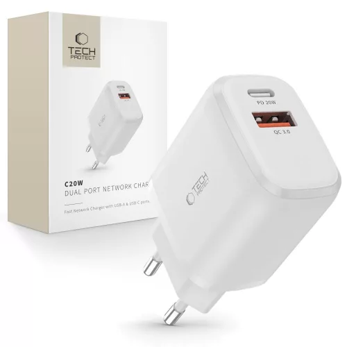 Tech-Protect C20W USB-C PD 20W / USB-A QC 3.0 hálózati töltő, fehér