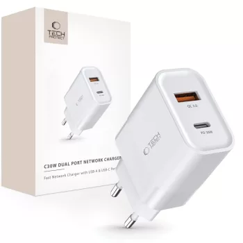   Tech-Protect C30W USB-C PD 30W / USB-A QC 3.0 hálózati töltő, fehér