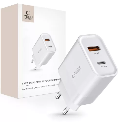 Tech-Protect C30W USB-C PD 30W / USB-A QC 3.0 hálózati töltő, fehér