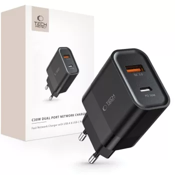   Tech-Protect C30W USB-C PD 30W / USB-A QC 3.0 hálózati töltő, fekete