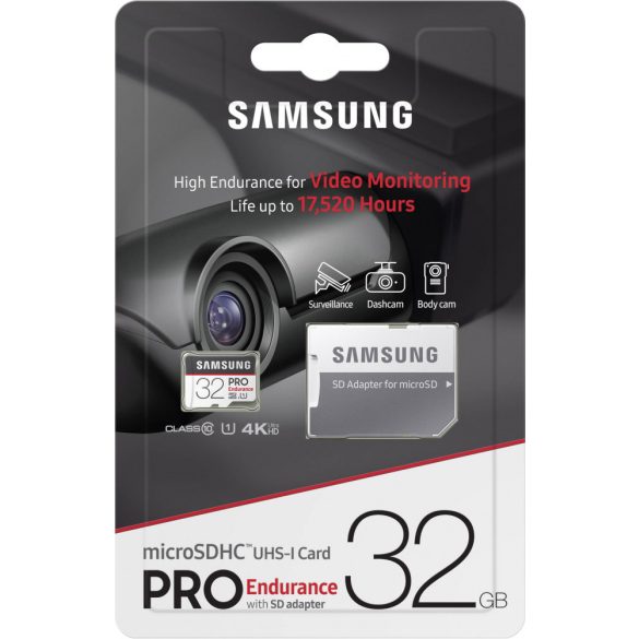 Samsung Pro Endurance micro SDXC, 32GB, class 10, UHS-1, 100 MB/s, memóriakártya adapterrel