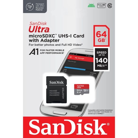 SanDisk Ultra Android micro SDXC, 64GB, class 10, UHS-I, 140 MB/s, memóriakártya adapterrel