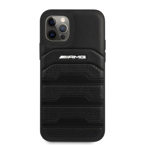 AMG iPhone 12 Pro Max Leather Debossed Lines eredeti bőr (AMHCP12LGSEBK) hátlap, tok, fekete