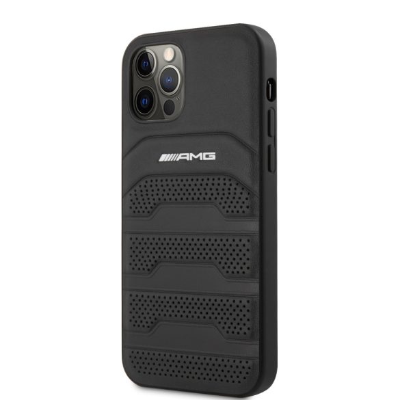 AMG iPhone 12/12 Pro Leather Debossed Lines eredeti bőr (AMHCP12MGSEBK) hátlap, tok, fekete