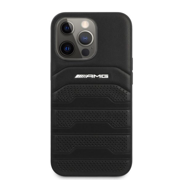 AMG iPhone 13 Pro Leather Debossed Lines eredeti bőr (AMHCP13LGSEBK) hátlap, tok, fekete