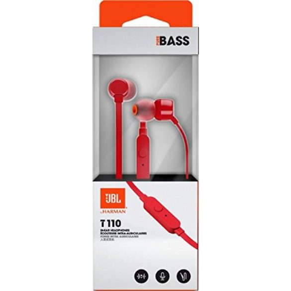 JBL T110 vezetékes headset, fülhallgató, 3.5mm jack, piros