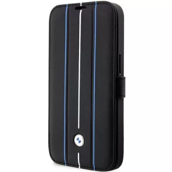   BMW BMBKP14L22RVSK iPhone 14 Pro 6.1" Leather Stamp Blue Lines, oldalra nyíló bőr tok, fekete