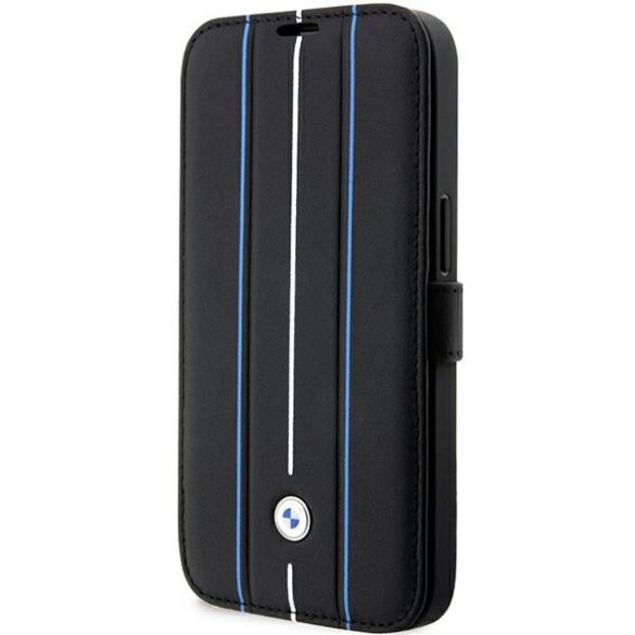 BMW iPhone 14 Pro Max bookcase Leather Stamp Blue Lines (BMBKP14X22RVSK) eredeti bőr oldalra nyíló tok, fekete