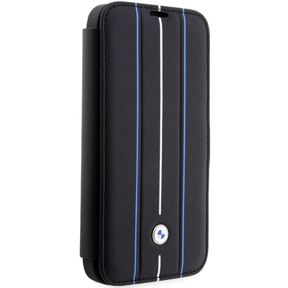 BMW iPhone 14 Pro Max bookcase Leather Stamp Blue Lines (BMBKP14X22RVSK) eredeti bőr oldalra nyíló tok, fekete