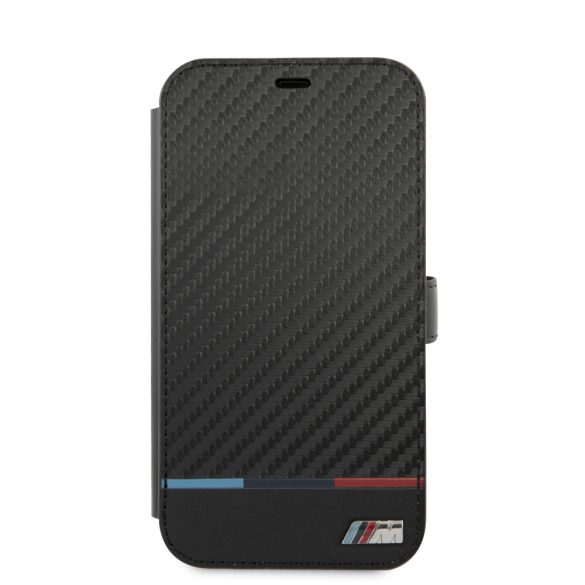 BMW iPhone 13 Mini M Collection Carbon Stripe (BMFLBKP13SPUCARTCBK) oldalra nyíló tok, fekete