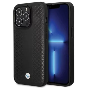   BMW Leather Diamond Pattern hátlap, bőr tok iPhone 14 Pro, fekete