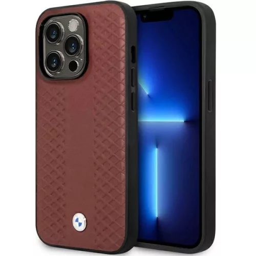BMW BMHCP14X22RFGR Leather Diamond Pattern iPhone 14 Pro Max 6.7" hátlap, bőr tok, bordó