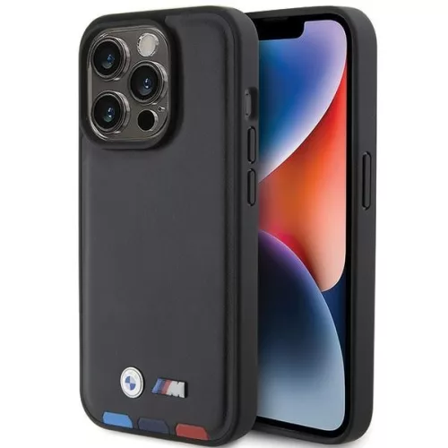 BMW iPhone 15 Pro Leather Stamp Tricolor (BMHCP15L22PTDK) hátlap, tok, fekete