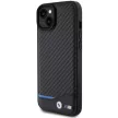 BMW Leather Carbon hátlap, bőr tok iPhone 15 Plus, fekete