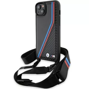   BMW BMHCP15M23PSVTK M Edition Carbon Tricolor Lines & Strap iPhone 14 Plus/15 Plus 6.7" hátlap, tok, fekete