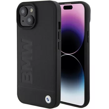   BMW Leather Hot Stamp hátlap, bőr tok iPhone 15 Plus, fekete