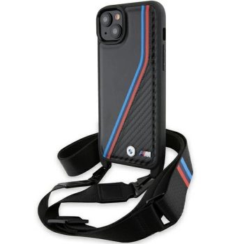   BMW BMHCP15S23PSVTK iPhone 15/14/13, M Edition Carbon Tricolor Lines & Strap hátlap, tok, fekete