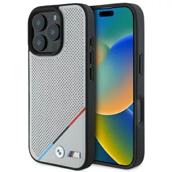  BMW iPhone 16 Pro M Perforated Tricolor Line(BMHMP16L23PUPDG) MagSafe hátlap, tok, szürke