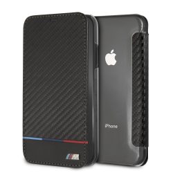   BMW iPhone Xr Carbon Tricolor Stripe oldalra nyíló tok, fekete