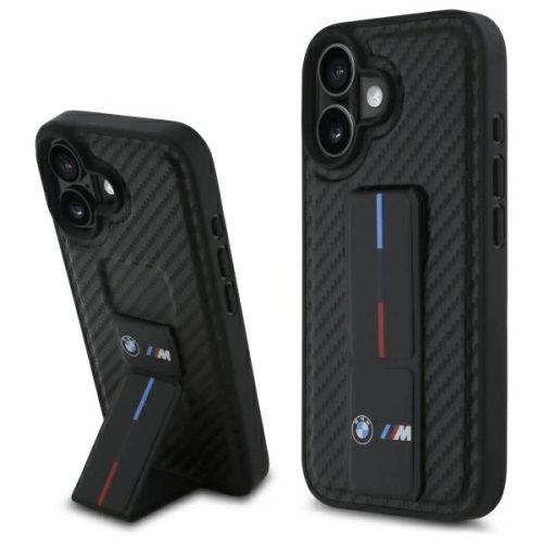BMW case iPhone 16 6,1" BMHCP16SGSPCCK Hardcase M Grip Stand Smooth Carbon tok, fekete