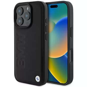   BMW case iPhone 16 Pro 6,3" BMHMP16LSLLBK Hardcase Leather Hot Stamp MagSafe tok, fekete
