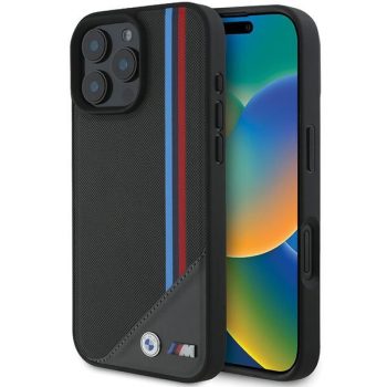   BMW case iPhone 16 6,1" BMHMP16S23PUTRK Hardcase M Meshed Tricolor Stripes MagSafe tok, fekete