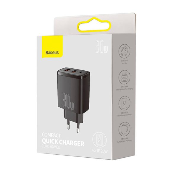 Baseus CCXJ-E01 2xUSB+USB-C,Compact Quick Charger hálózati töltő adapter, gyorstöltés, 36W, QC, PD, 3A, fekete