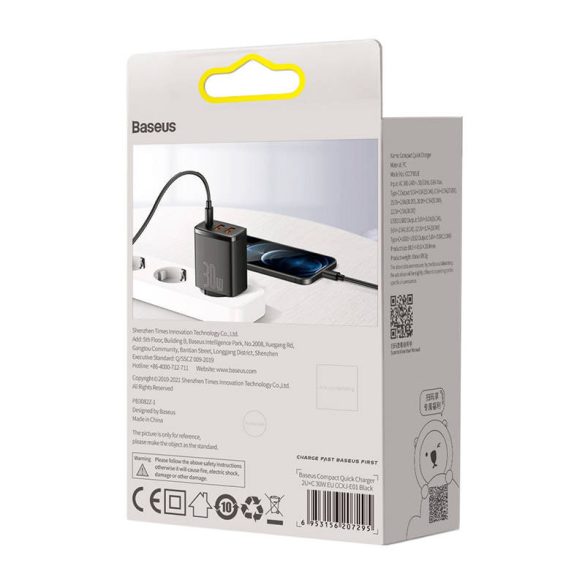 Baseus CCXJ-E01 2xUSB+USB-C,Compact Quick Charger hálózati töltő adapter, gyorstöltés, 36W, QC, PD, 3A, fekete