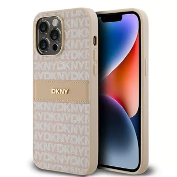   DKNY PU Leather Repeat Pattern Tonal Stripe iPhone 14 Pro hátlap tok, rózsaszín