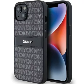   DKNY PU Leather Repeat Pattern Tonal Stripe Apple iPhone 14 hátlap tok, fekete
