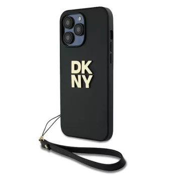   DKNY PU Leather Stack Logo Apple iPhone 14 Pro Max hátlap tok csuklószíjtal, fekete