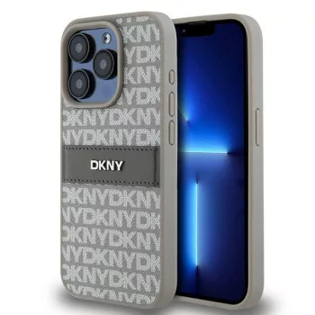   DKNY DKHCP15LPRTHSLE iPhone 15 Pro 6.1" hátlap, tok Leather Mono Stripe & Metal Logo, bézs