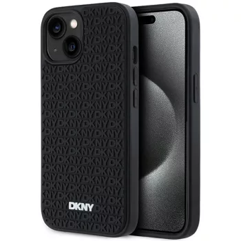   DKNY 3D Rubber Repeat Pattern case for iPhone 15 Plus, hátlap, tok, fekete