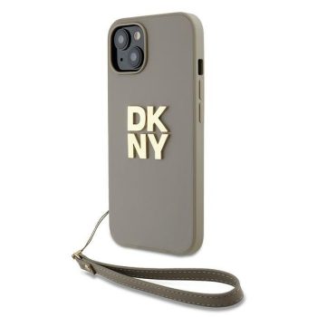   DKNY Wrist Strap Stock Logo case for iPhone 15 Plus csuklóóraszíjos hátlap, tok, bézs
