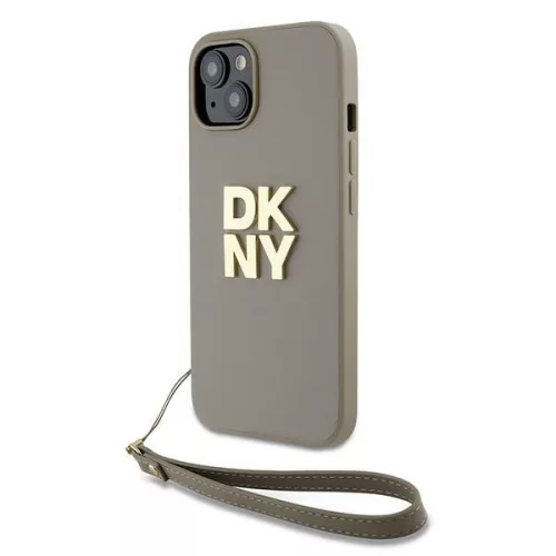 DKNY Wrist Strap Stock Logo case for iPhone 15 Plus csuklóóraszíjos hátlap, tok, bézs