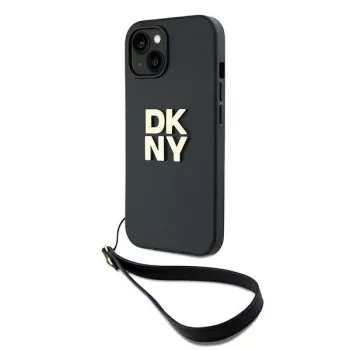   DKNY Wrist Strap Stock Logo iPhone 15 Plus, csuklóóraszíjos hátlap, tok, fekete