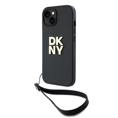 DKNY Wrist Strap Stock Logo iPhone 15 Plus, csuklóóraszíjos hátlap, tok, fekete