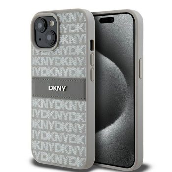   DKNY DKHCP15MPRTHSLE iPhone 15 Plus/14 Plus 6.7" hátlap, tok Leather Mono Stripe & Metal Logo, bézs