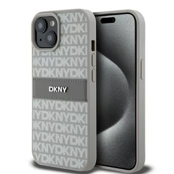   DKNY DKHCP15SPRTHSLE iPhone 15/14/13 6.1" hátlap, tok Leather Mono Stripe & Metal Logo, bézs