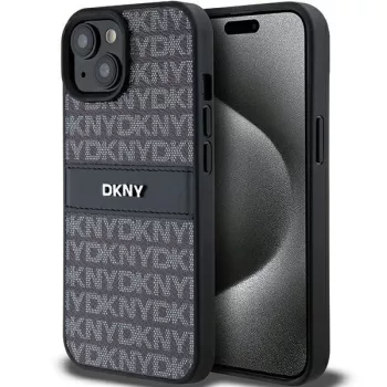   DKNY DKHCP15SPRTHSLK iPhone 15/14/13 6.1" hátlap, tok Leather Mono Stripe & Metal Logo, fekete