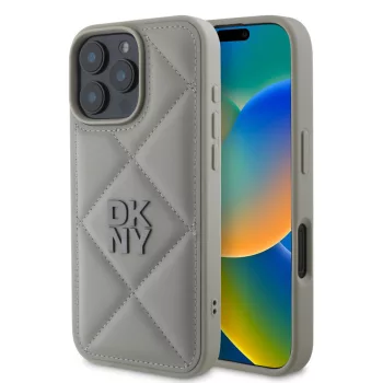  DKNY iPhone 16 Pro Max PU Leather Quilted Stack Logo Case DKHCP16XPQDSLG hátlap, tok, szürke