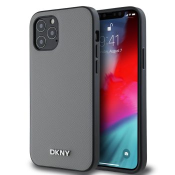   DKNY iPhone 12/12 Pro PU Leather Silver Metal Logo Magsafe kompatibilis DKHMP12MPGHLMS hátlap, tok, szürke